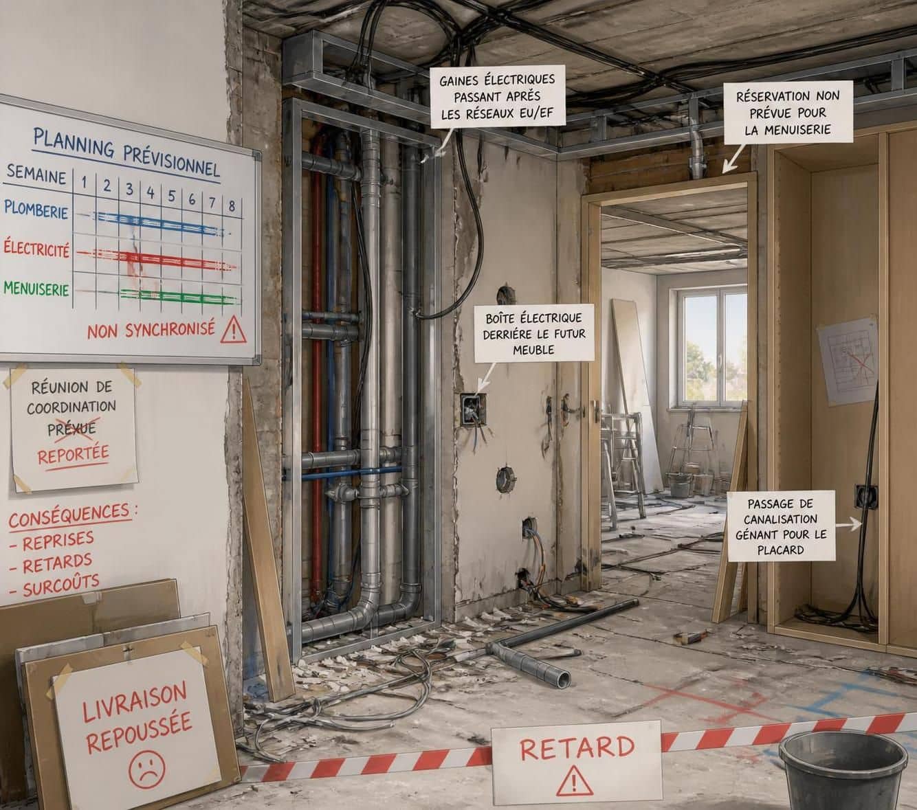 d&eacute;couvrez les causes des d&eacute;synchronisations dans les travaux int&eacute;rieurs et pourquoi les plannings peuvent d&eacute;raper, impactant la qualit&eacute; et les d&eacute;lais des chantiers.