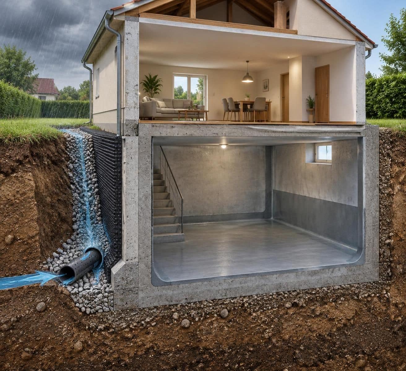 cuvelage ou drainage : d&eacute;couvrez leurs diff&eacute;rences et les crit&egrave;res &agrave; prendre en compte pour choisir la solution adapt&eacute;e &agrave; l&rsquo;humidit&eacute; de votre sous-sol.